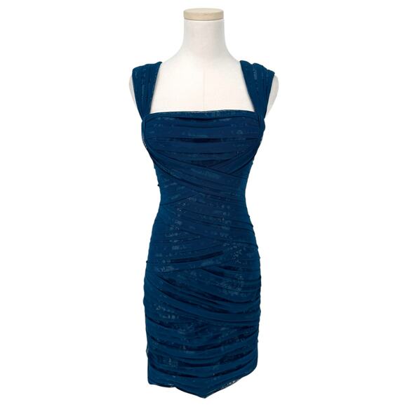 BCBGMaxazria Teal Blue Metallic Micro Mesh Bandage Mini Dress XS Party Cocktail - Picture 1 of 6